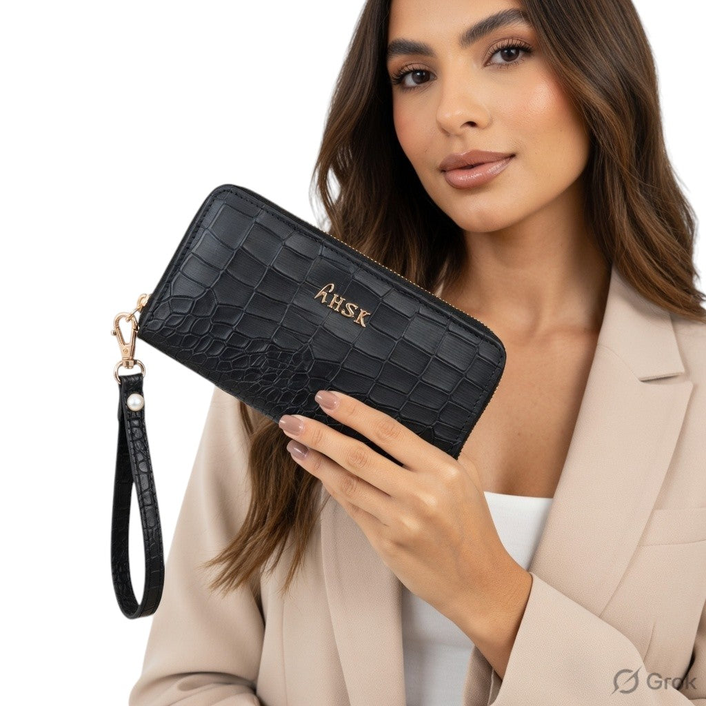 Elegant Black Crocodile-Embossed Leather Wallet –hHSK