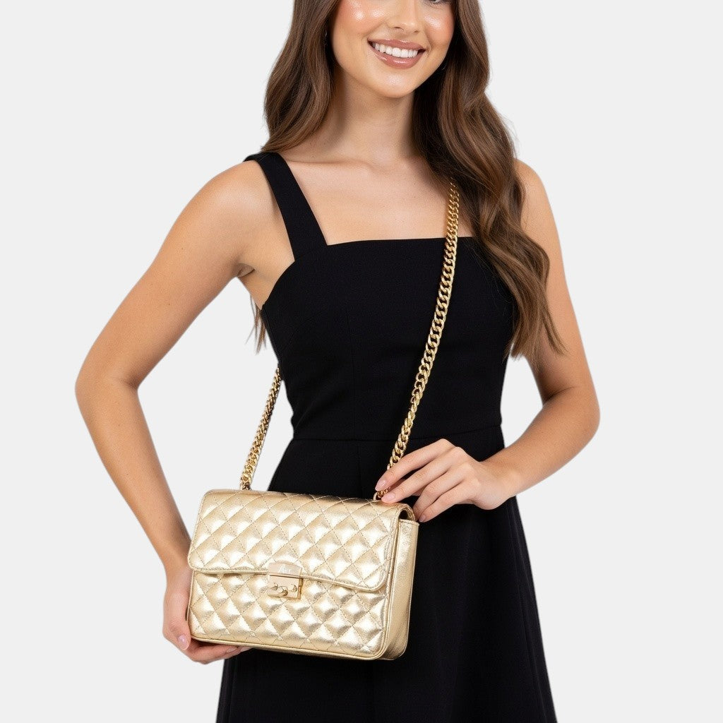 The Aureate Diamond-Quilt Leather Flap Bag in Champagne Gold