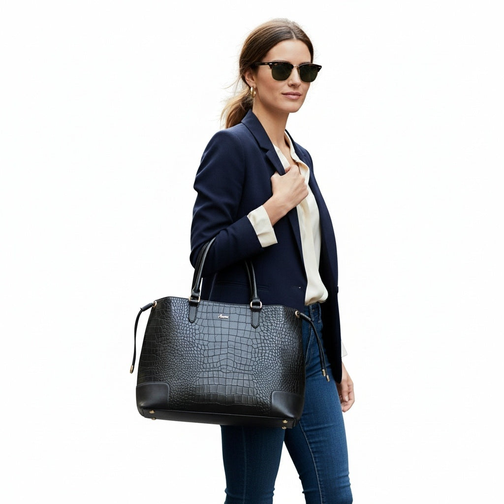 Utility Black Croc Leather Tod Bag