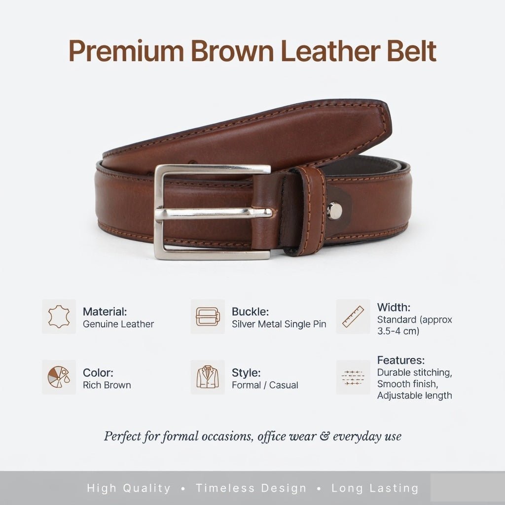 Premium Brown Genuine Leather Belt for Men with Silver Buckle