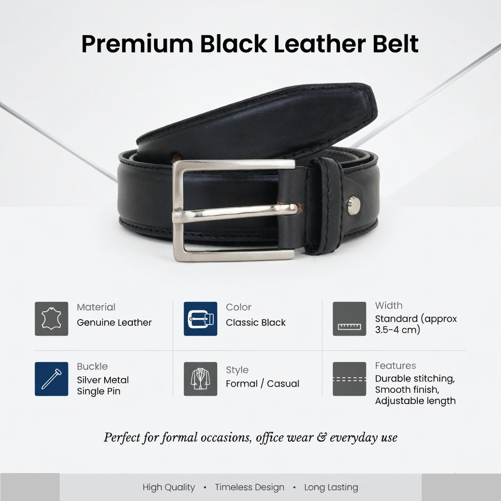 Premium Black Genuine Leather Belt for Men with Silver Buckle