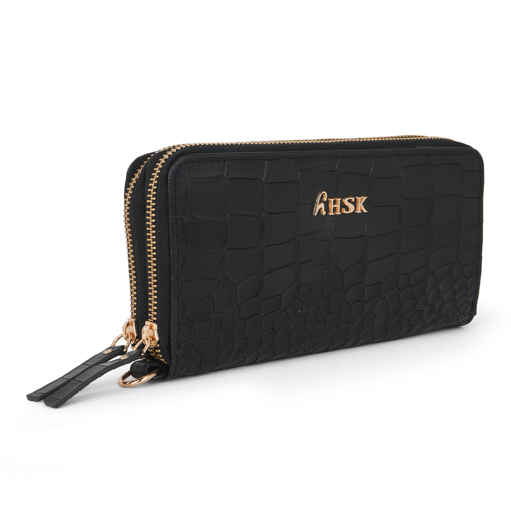 Elegant Black Crocodile-Embossed Leather Wallet –hHSK