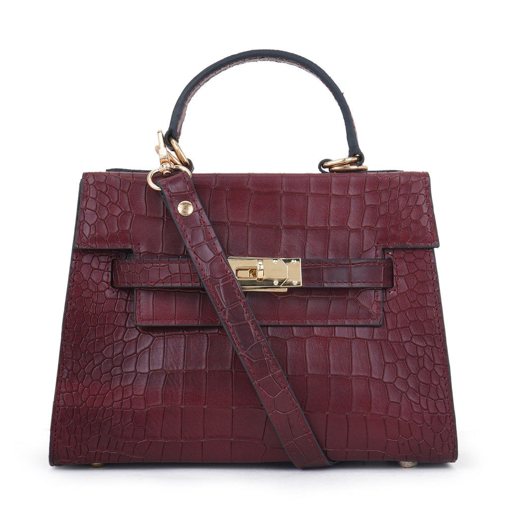 Bordeaux Alligator-Texture Leather Statement Bag