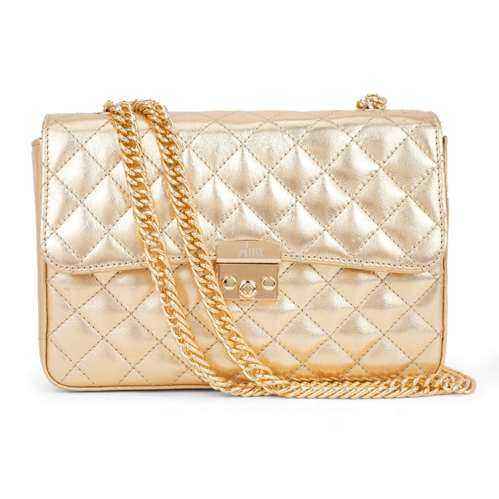 The Aureate Diamond-Quilt Leather Flap Bag in Champagne Gold