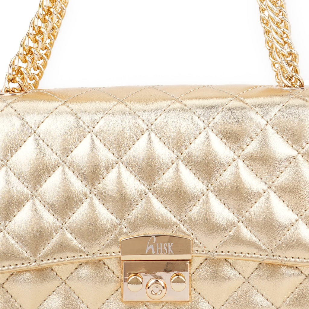 The Aureate Diamond-Quilt Leather Flap Bag in Champagne Gold