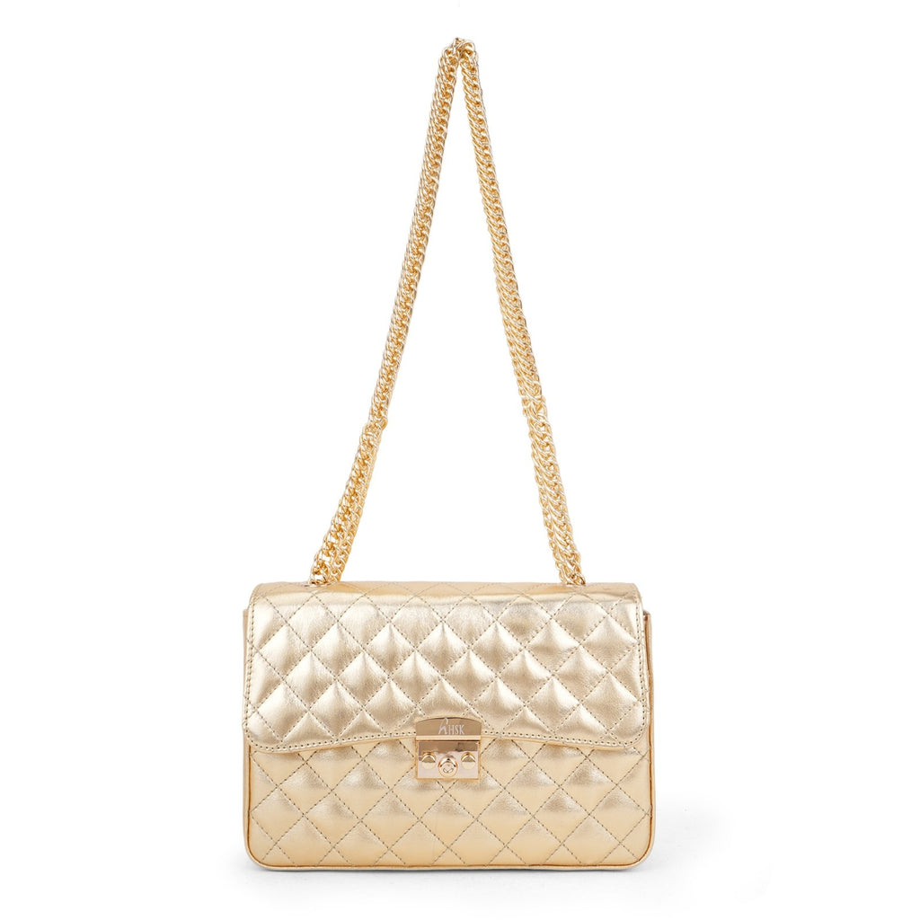 The Aureate Diamond-Quilt Leather Flap Bag in Champagne Gold