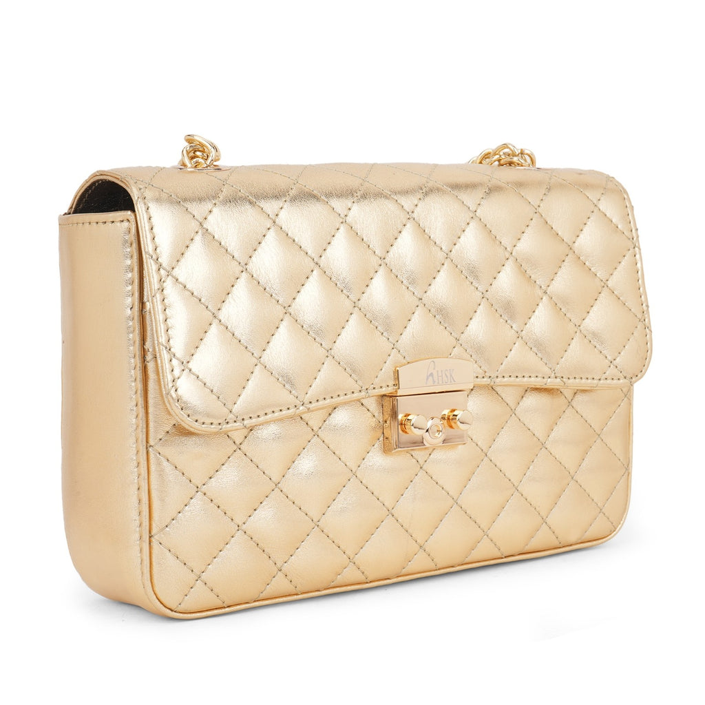 The Aureate Diamond-Quilt Leather Flap Bag in Champagne Gold