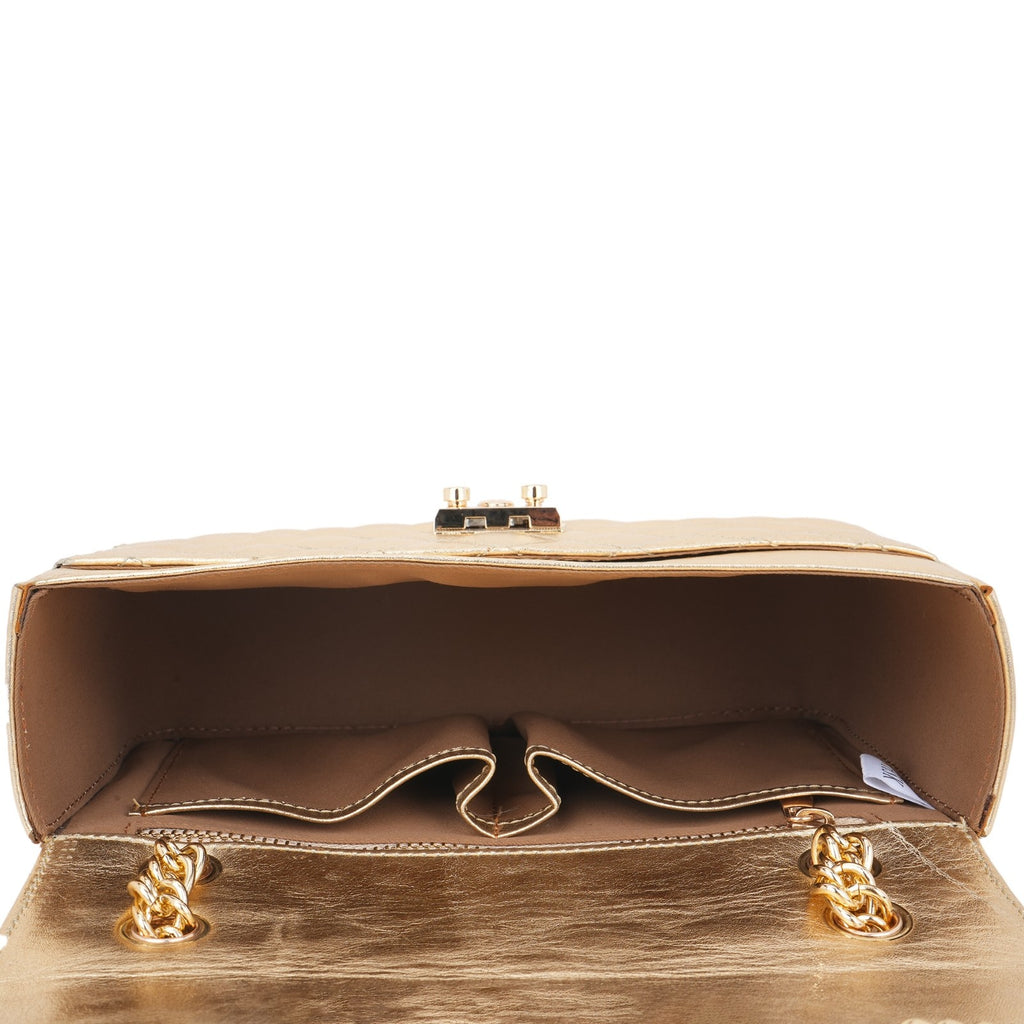 The Aureate Diamond-Quilt Leather Flap Bag in Champagne Gold