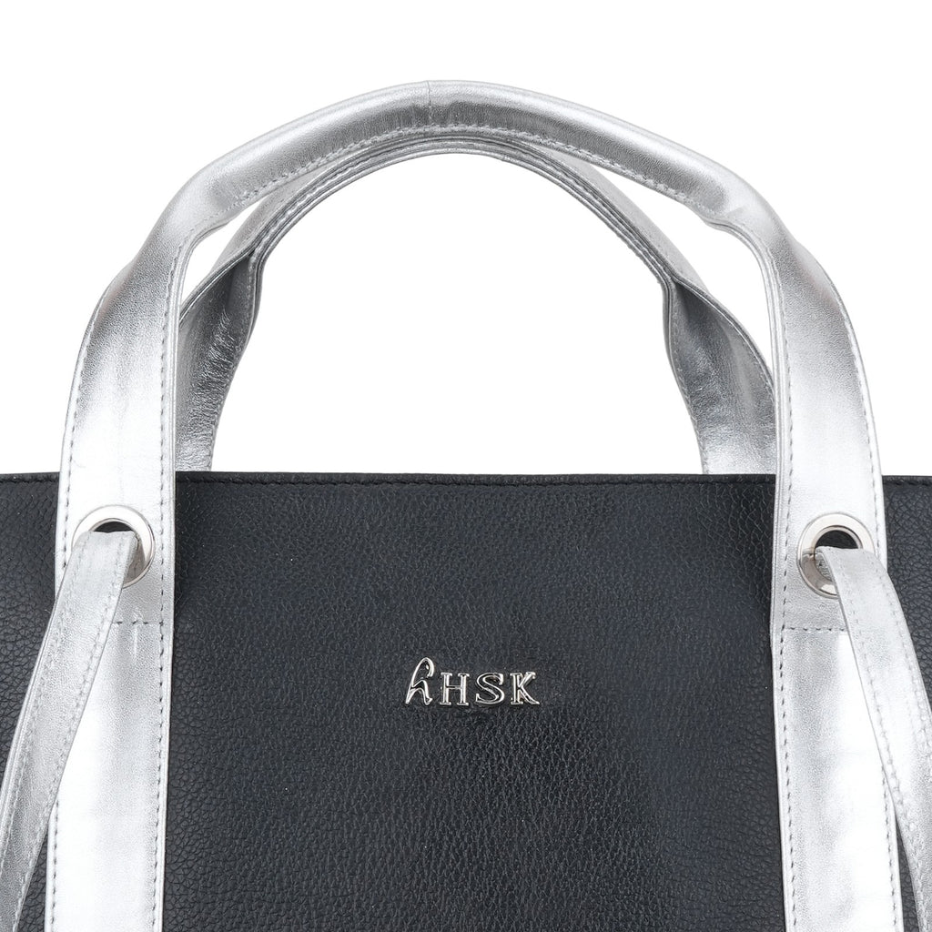 Chic Black Leather with Silver Tote Bag