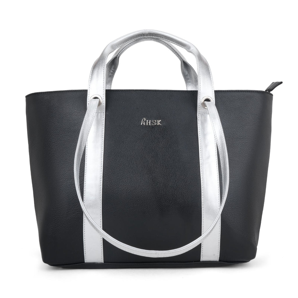 Chic Black Leather with Silver Tote Bag