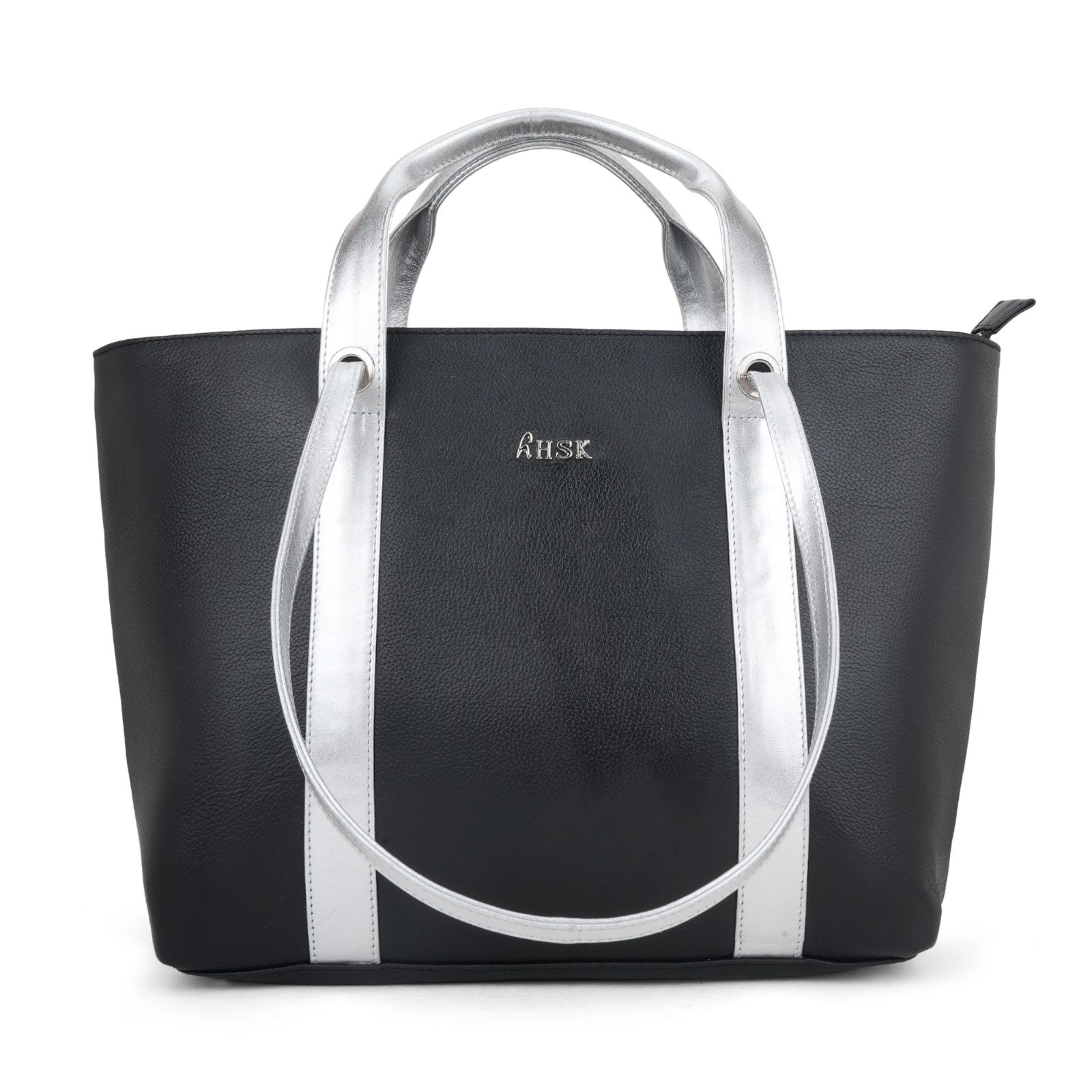 Chic Black Leather with Silver Tote Bag