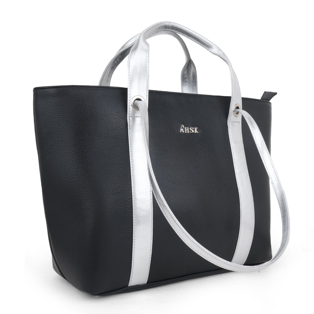 Chic Black Leather with Silver Tote Bag