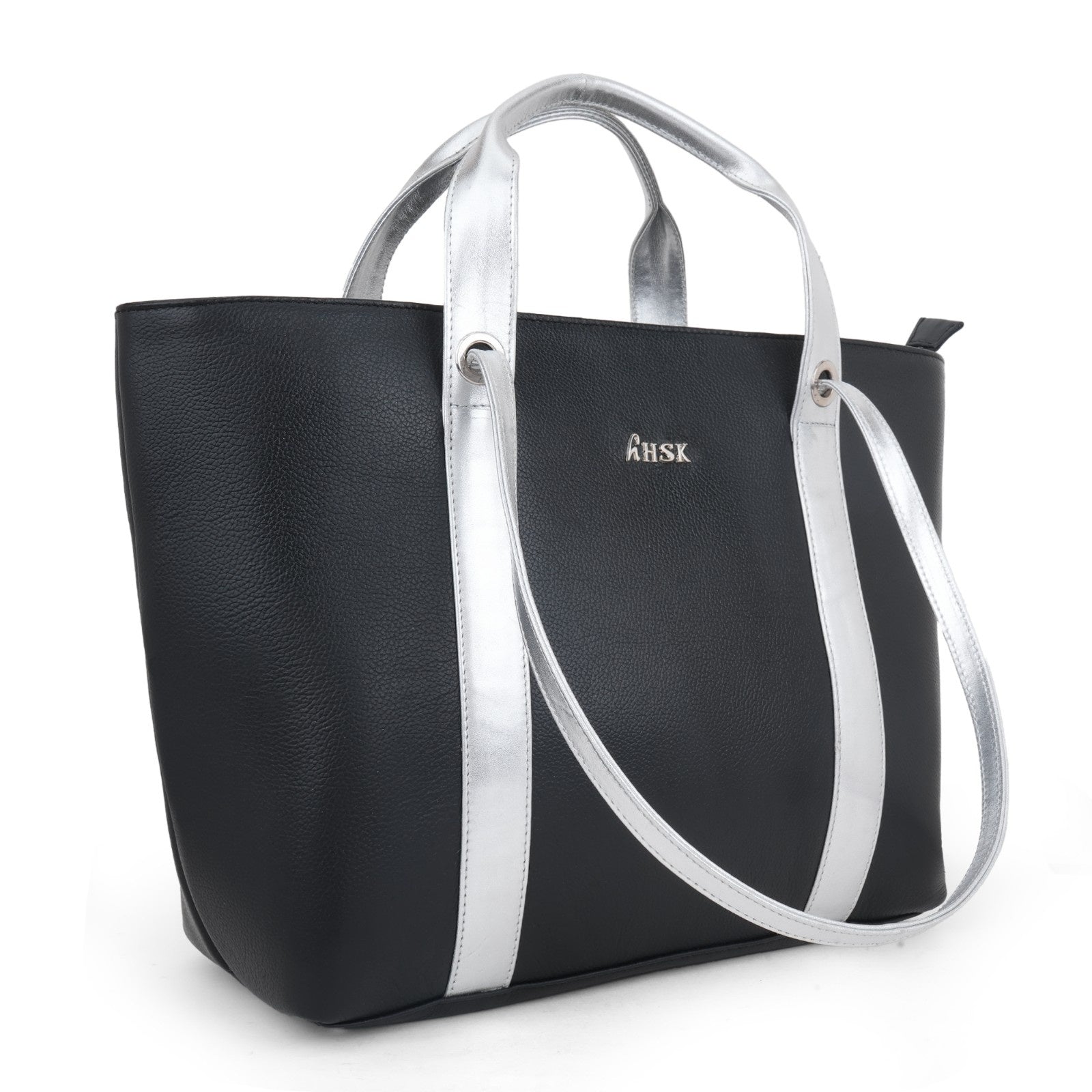 Chic Black Leather with Silver Tote Bag