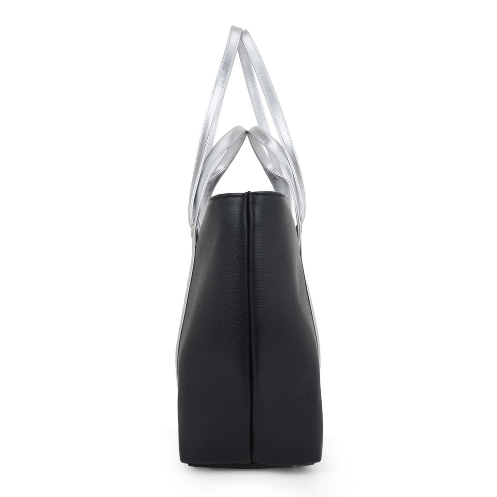Chic Black Leather with Silver Tote Bag