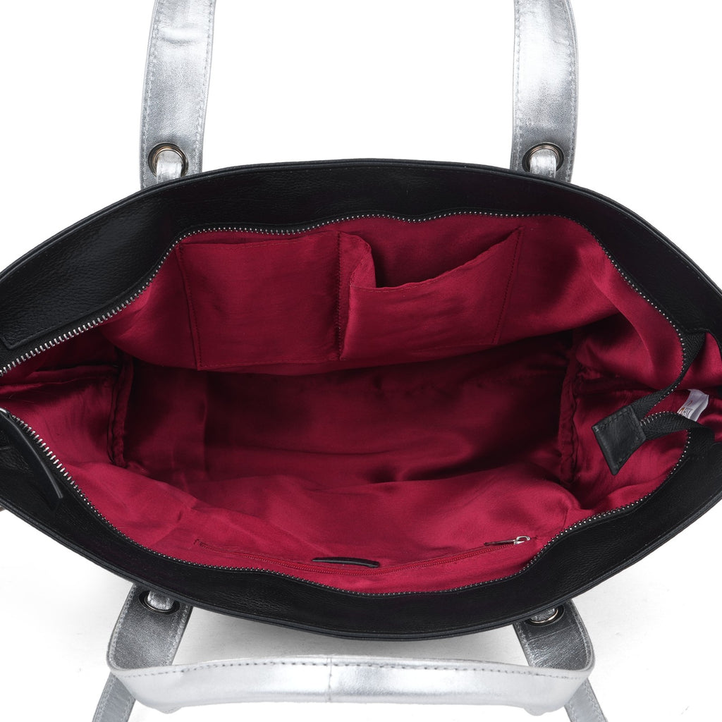 Chic Black Leather with Silver Tote Bag