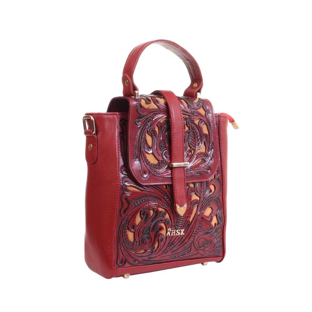 Hand Tooled Genuine Leather Bag Maroon