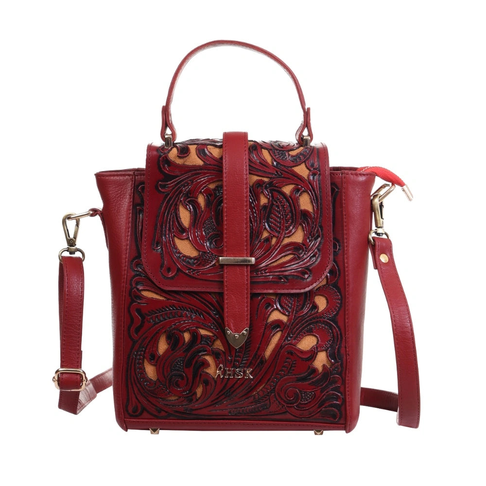 Hand Tooled Genuine Leather Bag Maroon